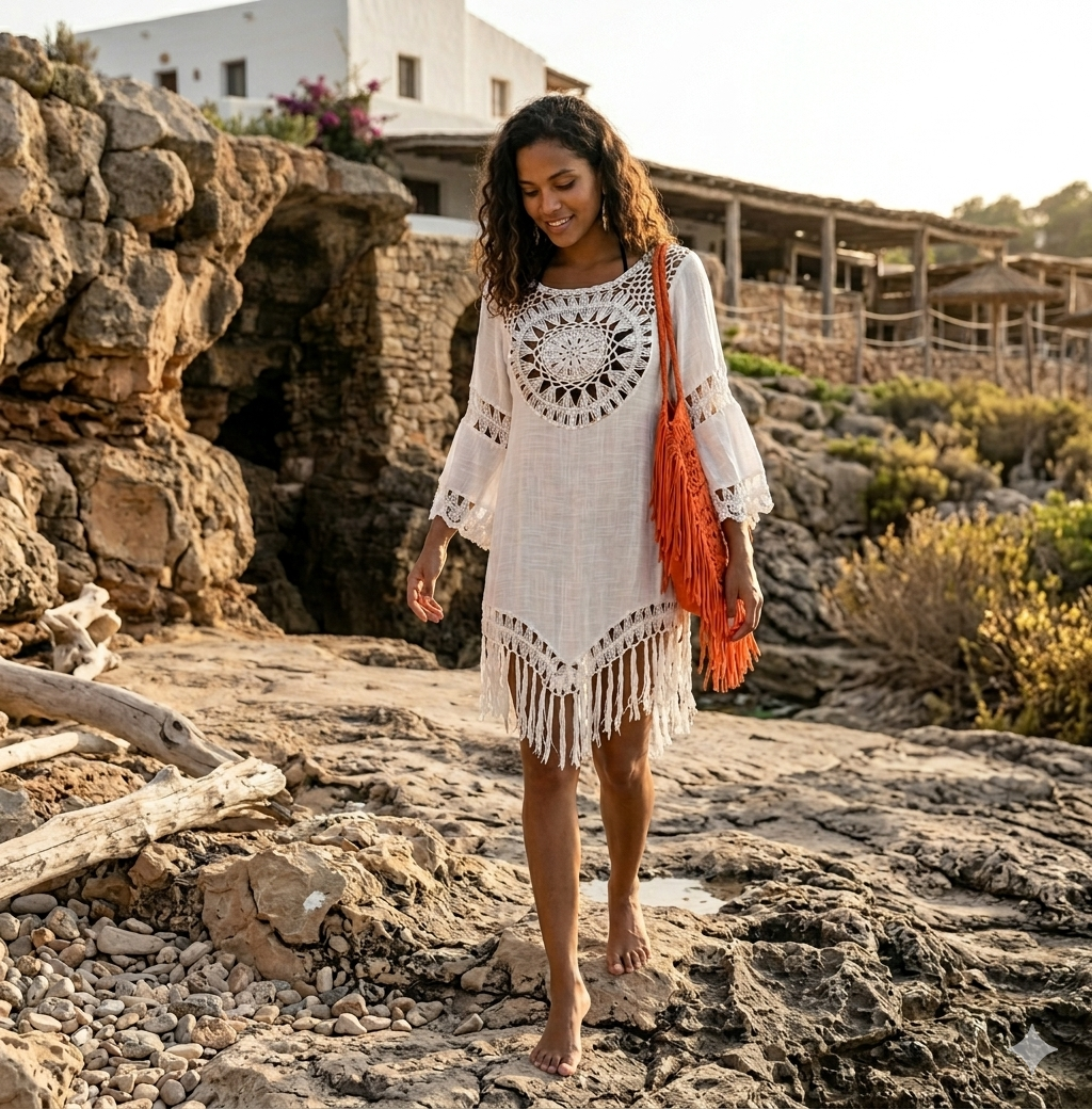 Boho Sexy Beach Cover up Hollow Out Tassels