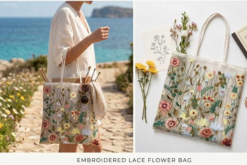 Tote Bag "Jardín de Verano" – Malla de Tul con Bordado Floral Artesanal